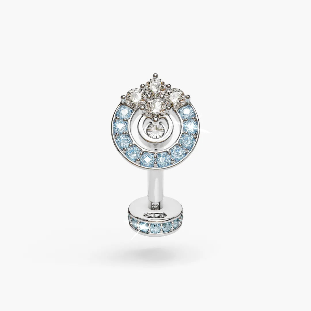 Platinum Twilight Hypnotic Lab Sapphire navel ring with the optional pavé disk upgrade