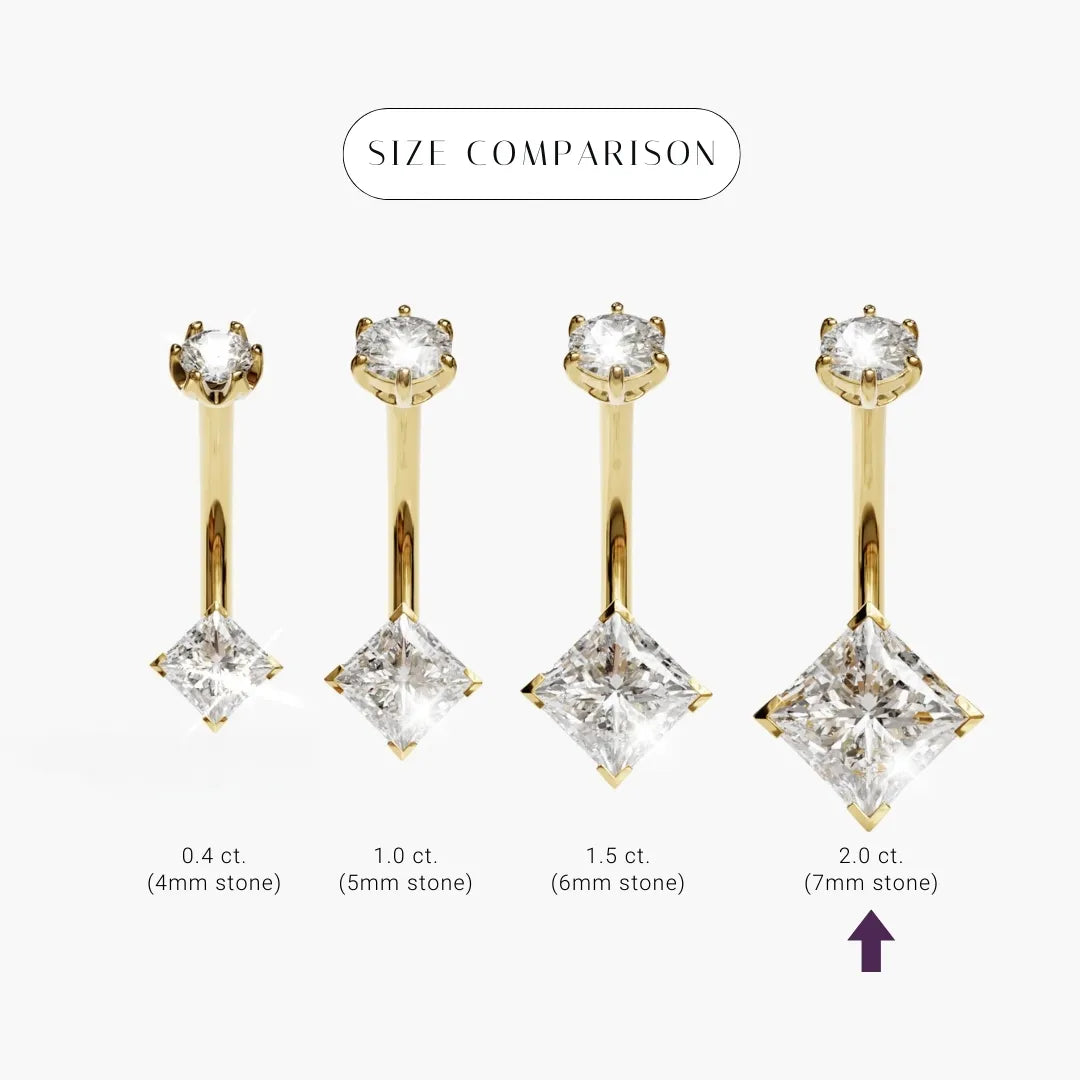 Princess 2.0 ct Moissanite size comparison in 18k yellow gold: the 7x7mm stone marked among its sizes