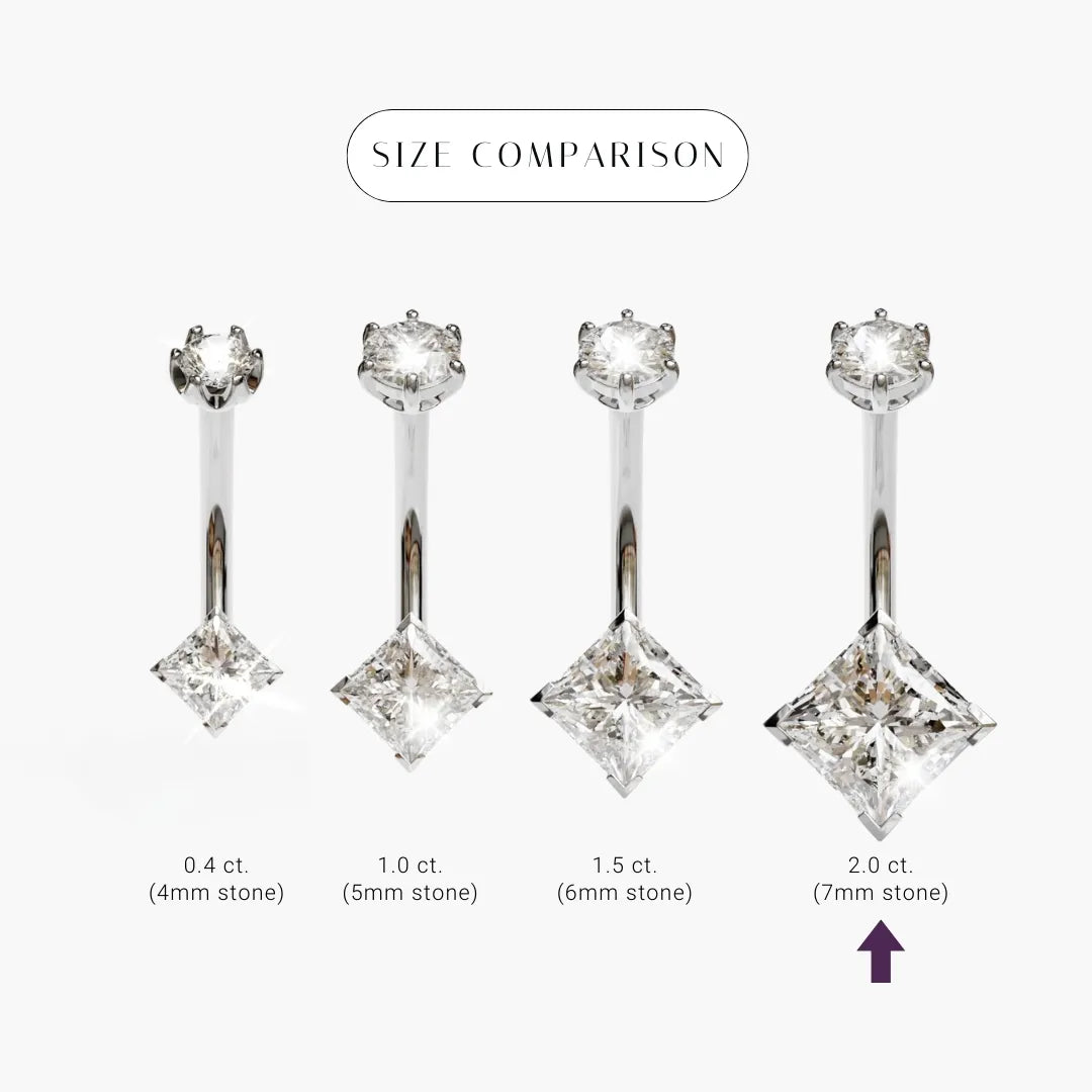 Size comparison for the Princess 2.0 ct Moissanite in palladium white gold, the 7x7mm princess cut marked