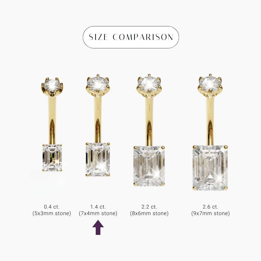 Emerald 1.4 ct Moissanite size comparison in 18k yellow gold: the 7x4mm stone marked among its sizes