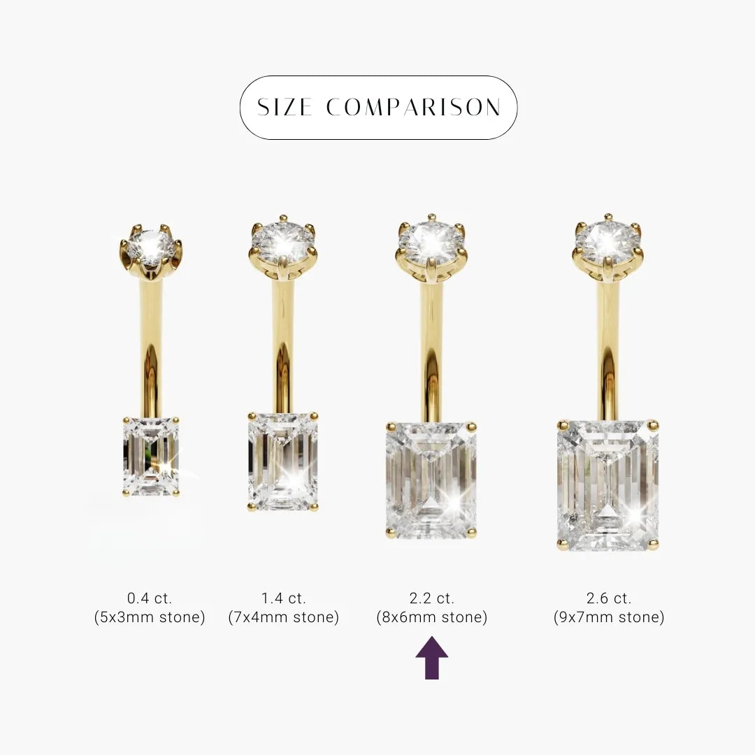 Emerald 2.2 ct Moissanite size comparison in 18k yellow gold: the 8x6mm stone marked among its sizes