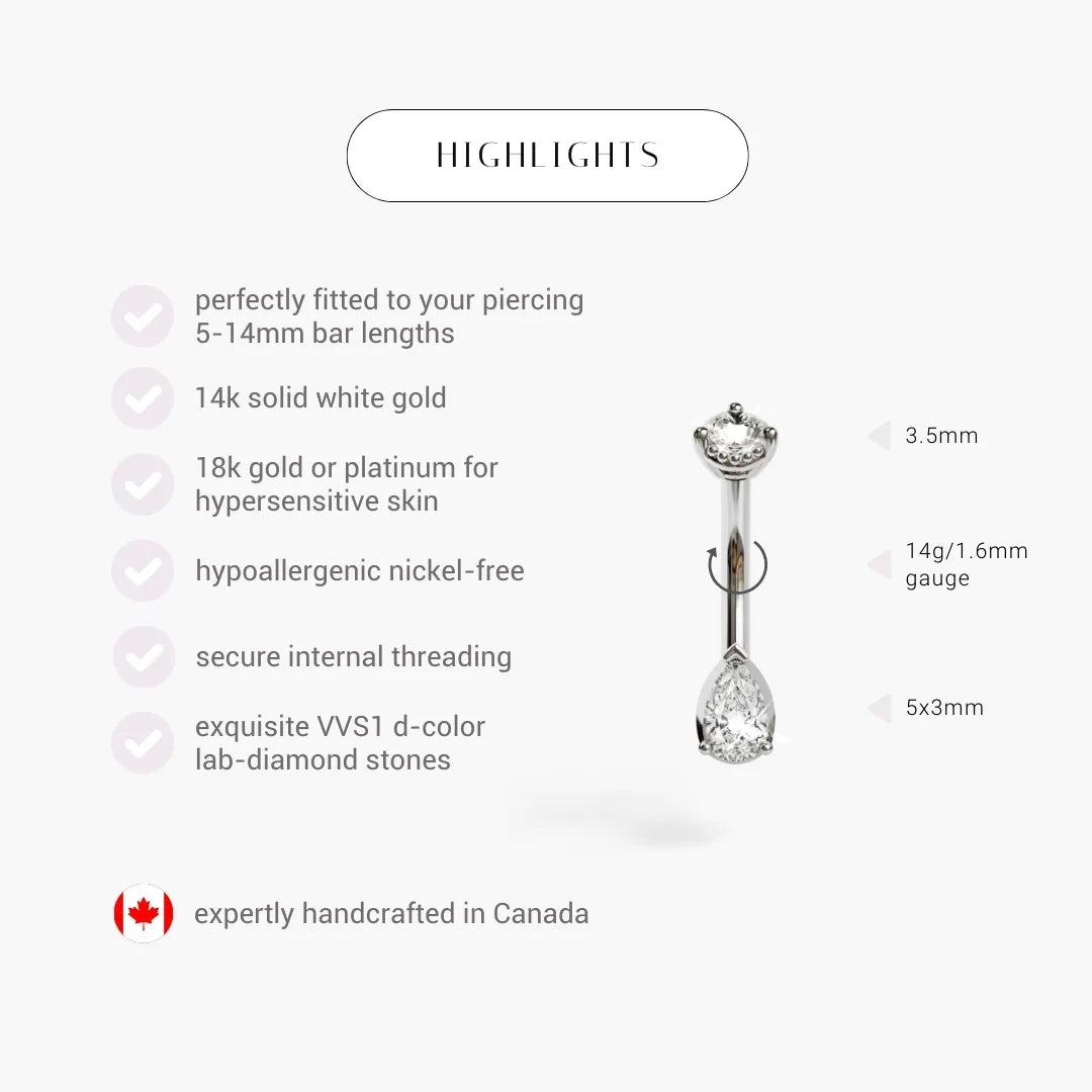 La Femme 0.3 ct details in 14k white gold or platinum: VVS1 D-color lab diamond, nickel-free, secure internal threading