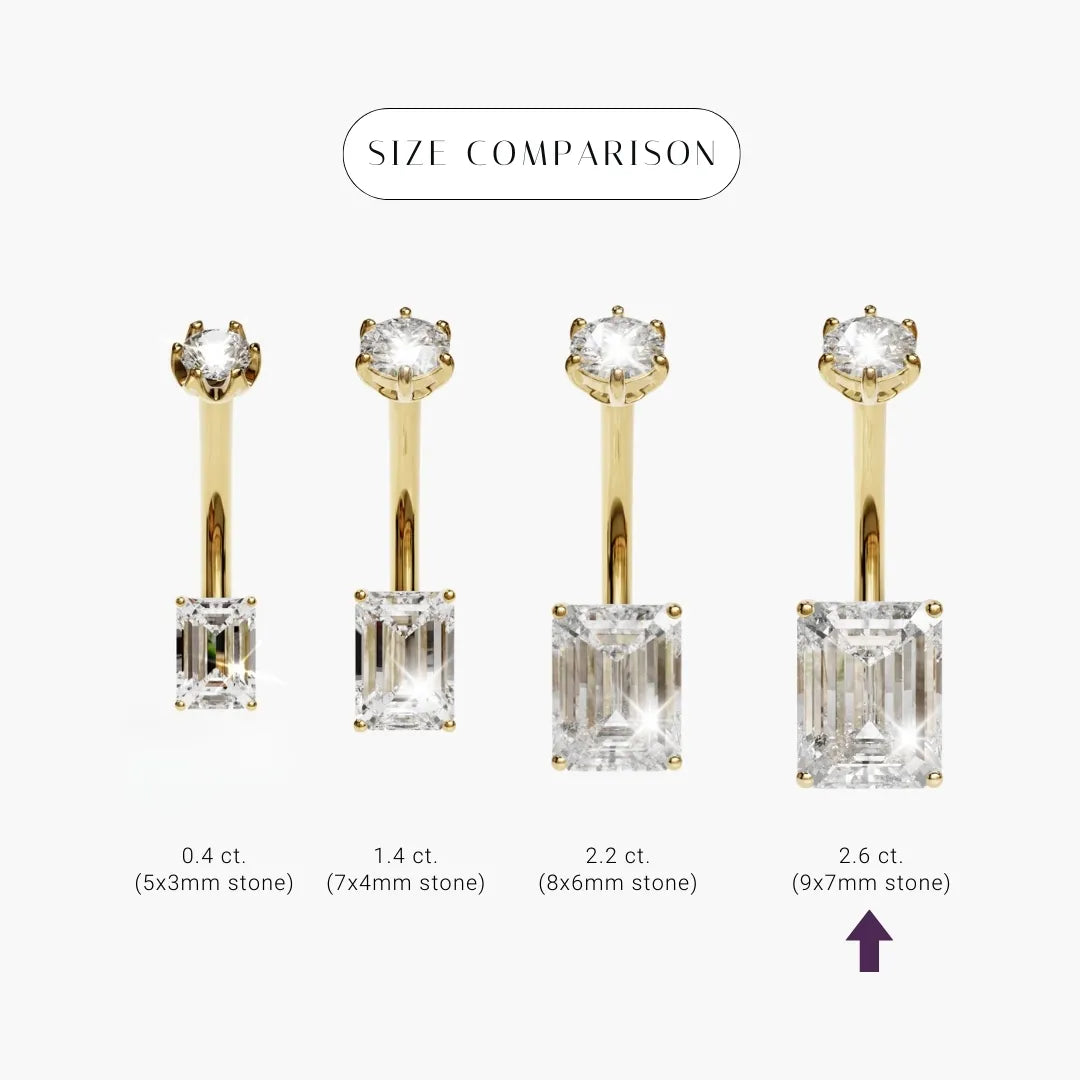 Emerald 2.6 ct Moissanite size comparison in 18k yellow gold: the 9x7mm stone marked among its sizes
