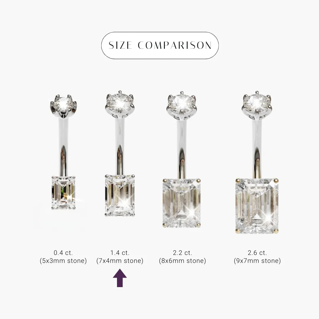 Size comparison for the Emerald 1.4 ct Moissanite in platinum, the 7x4mm emerald cut marked