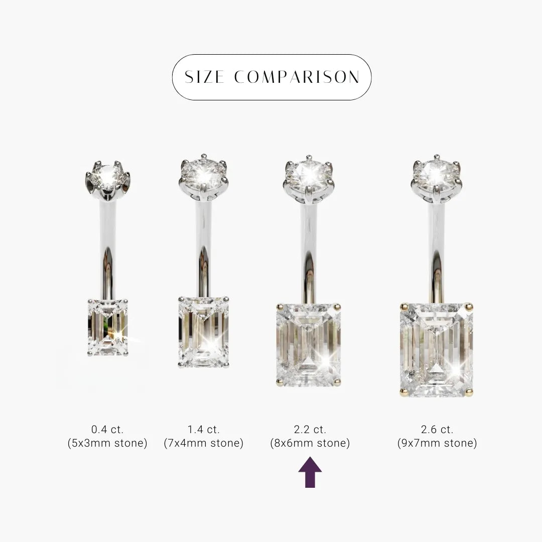 Size comparison for the Emerald 2.2 ct Moissanite in palladium white gold, the 8x6mm emerald cut marked