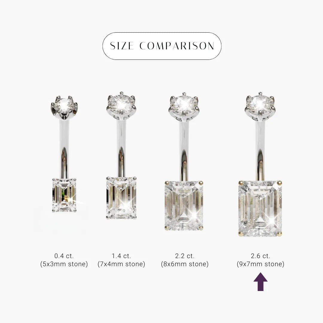 Size comparison for the Emerald 2.6 ct Moissanite in palladium white gold, the 9x7mm emerald cut marked