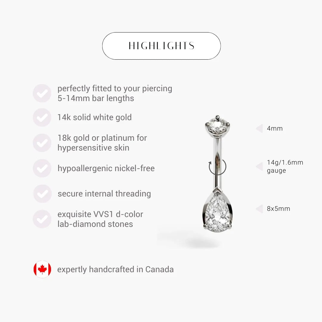 La Femme 1.0 ct specs for white gold or platinum wearers: a 14 gauge internally threaded bar under an 8x5mm lab diamond