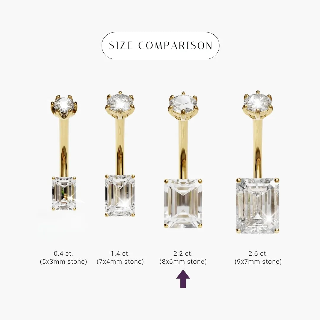 Size comparison for the Emerald 8mm White Topaz in palladium white gold, the 8x6mm emerald cut marked