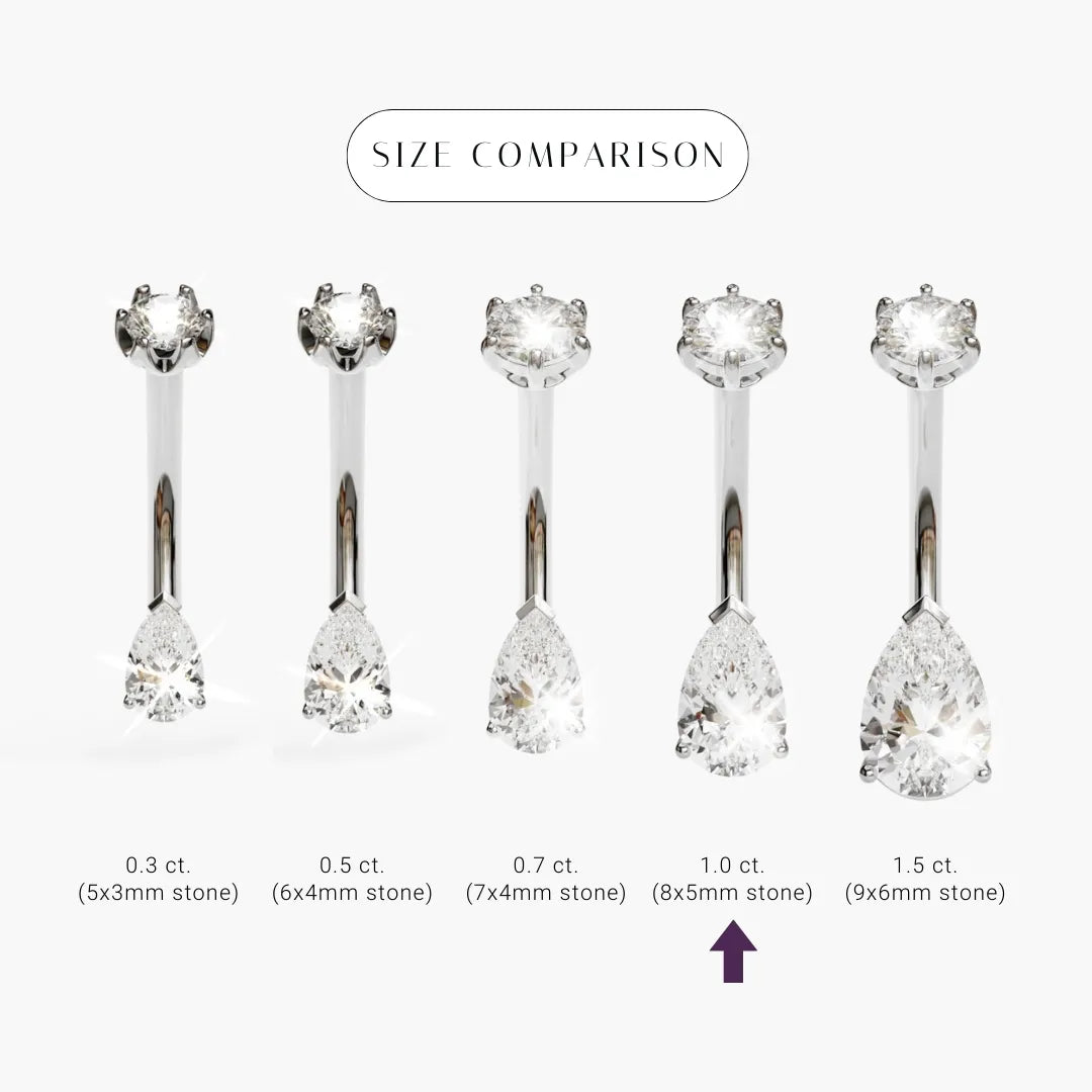 Size comparison for the Teardrop 1.0 ct Moissanite in palladium white gold, the 8x5mm pear marked