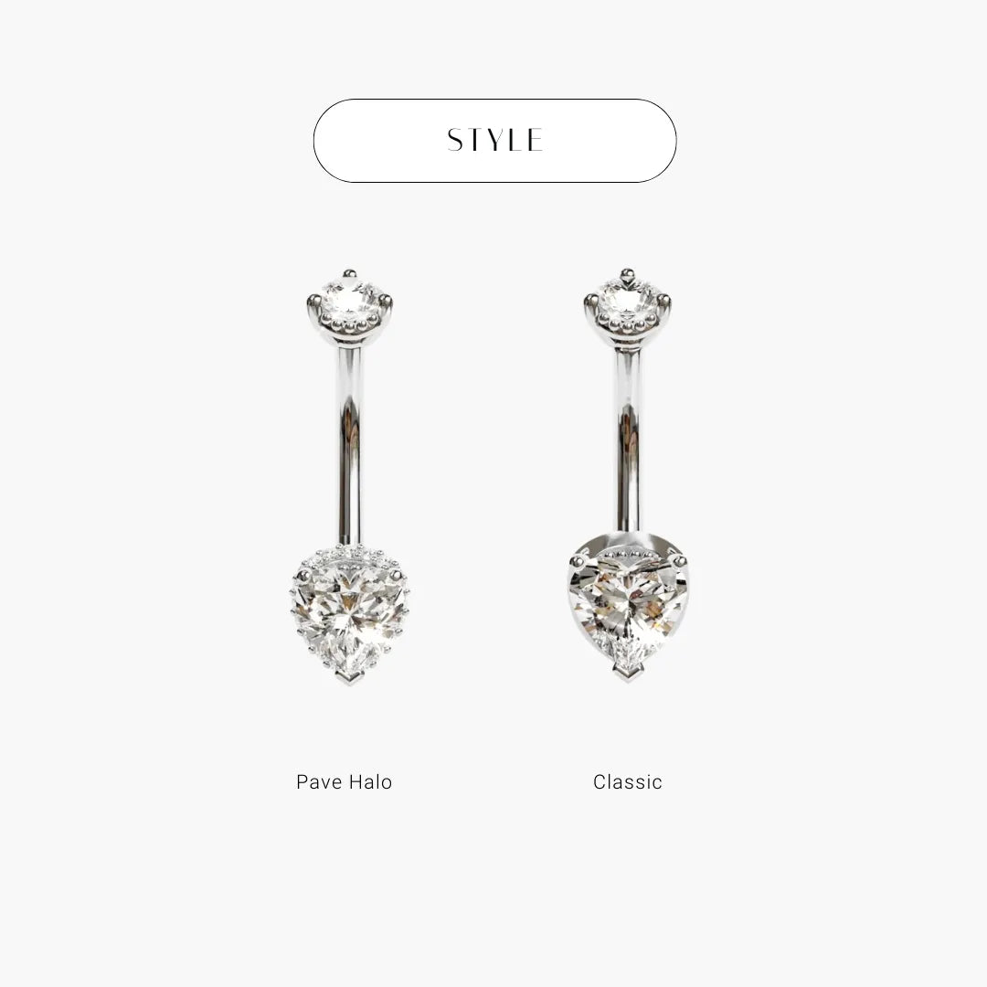 La Femme Heart navel ring in white gold shown classic and with a pavé halo