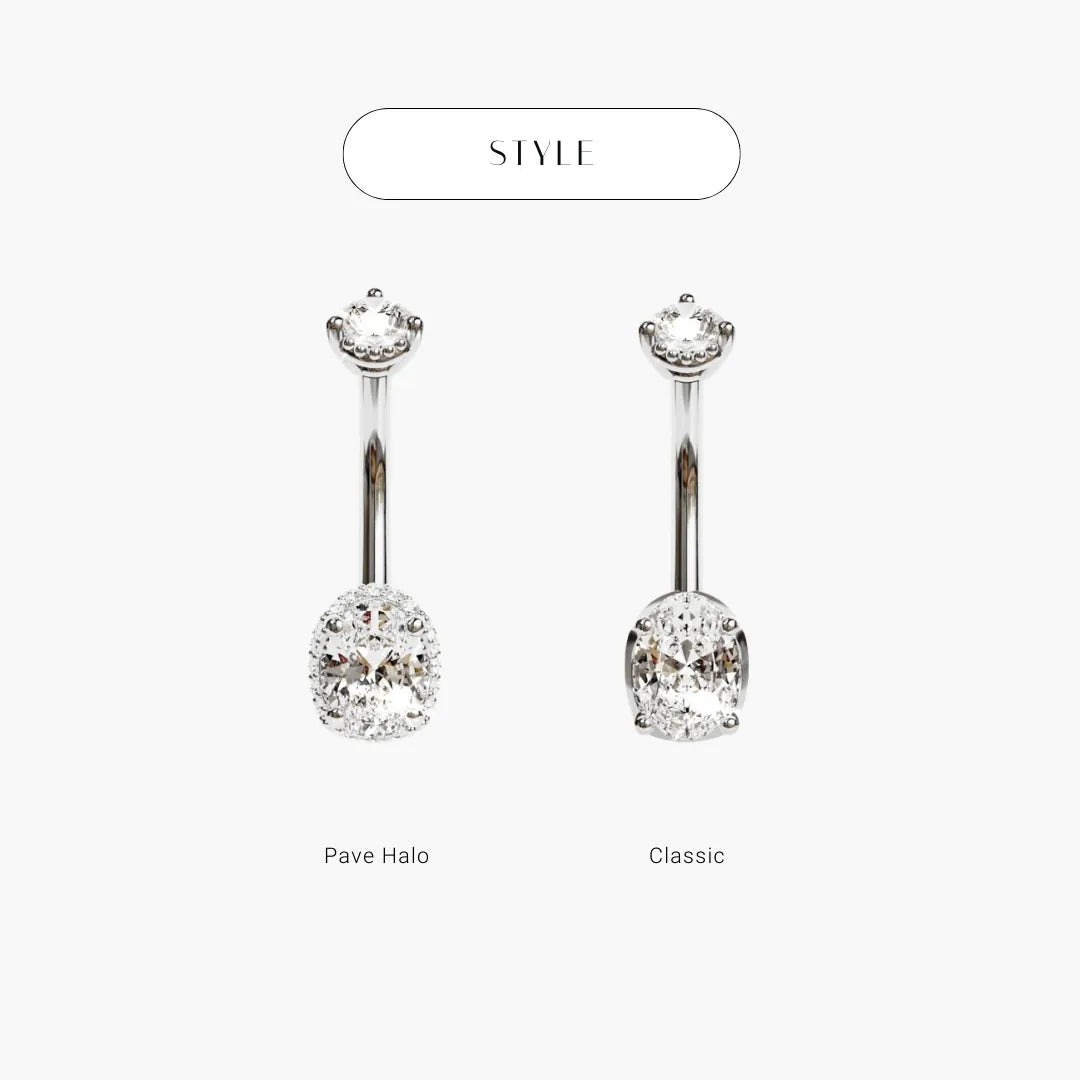 White gold La Femme Oval styles compared: pavé halo on the left, classic on the right
