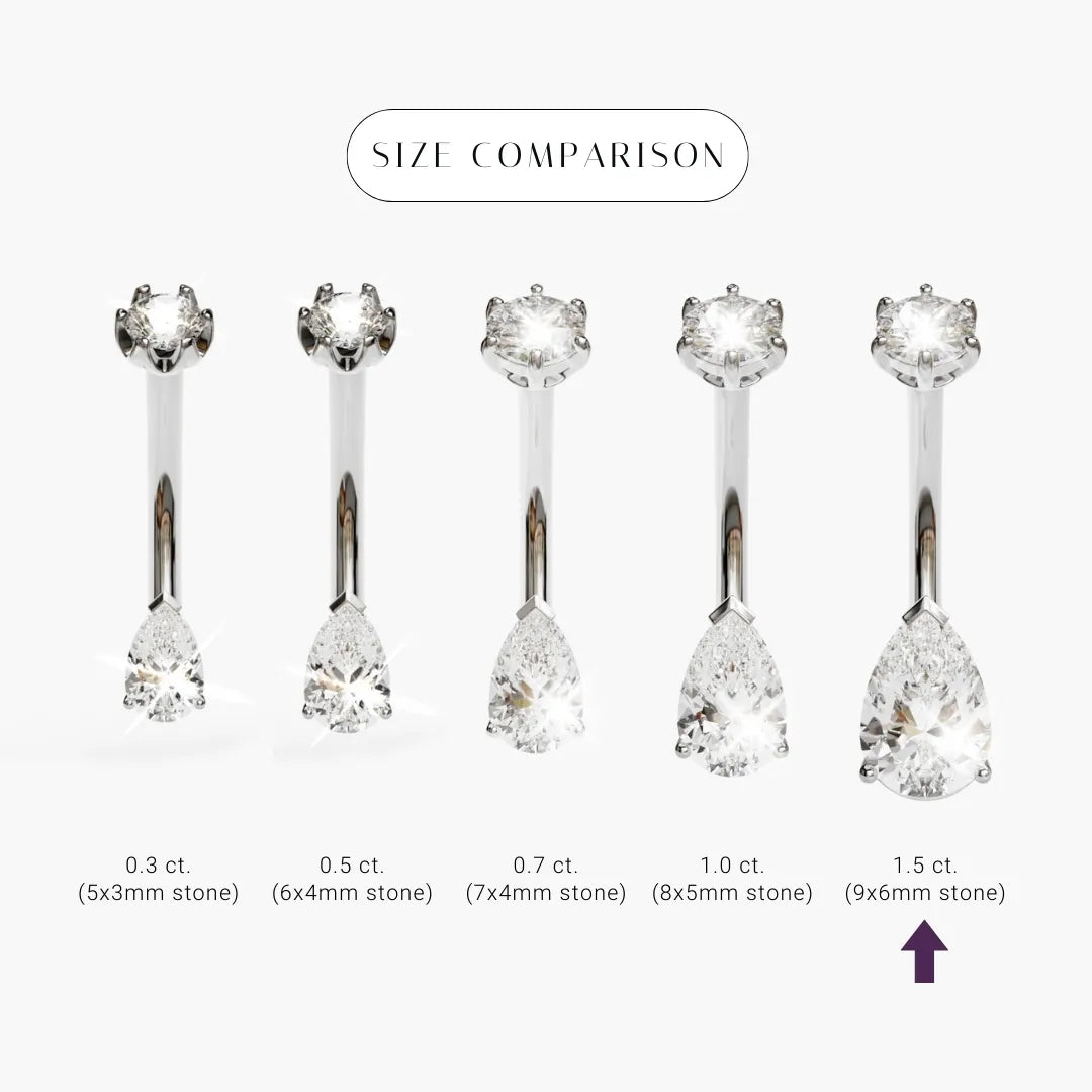Size comparison for the Teardrop 1.5 ct Moissanite in palladium white gold, the 9x6mm pear marked
