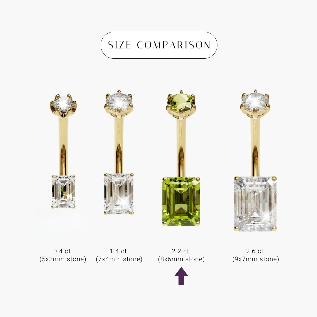 Emerald 8mm Peridot size comparison in 18k yellow gold: the 8x6mm stone marked among its sizes