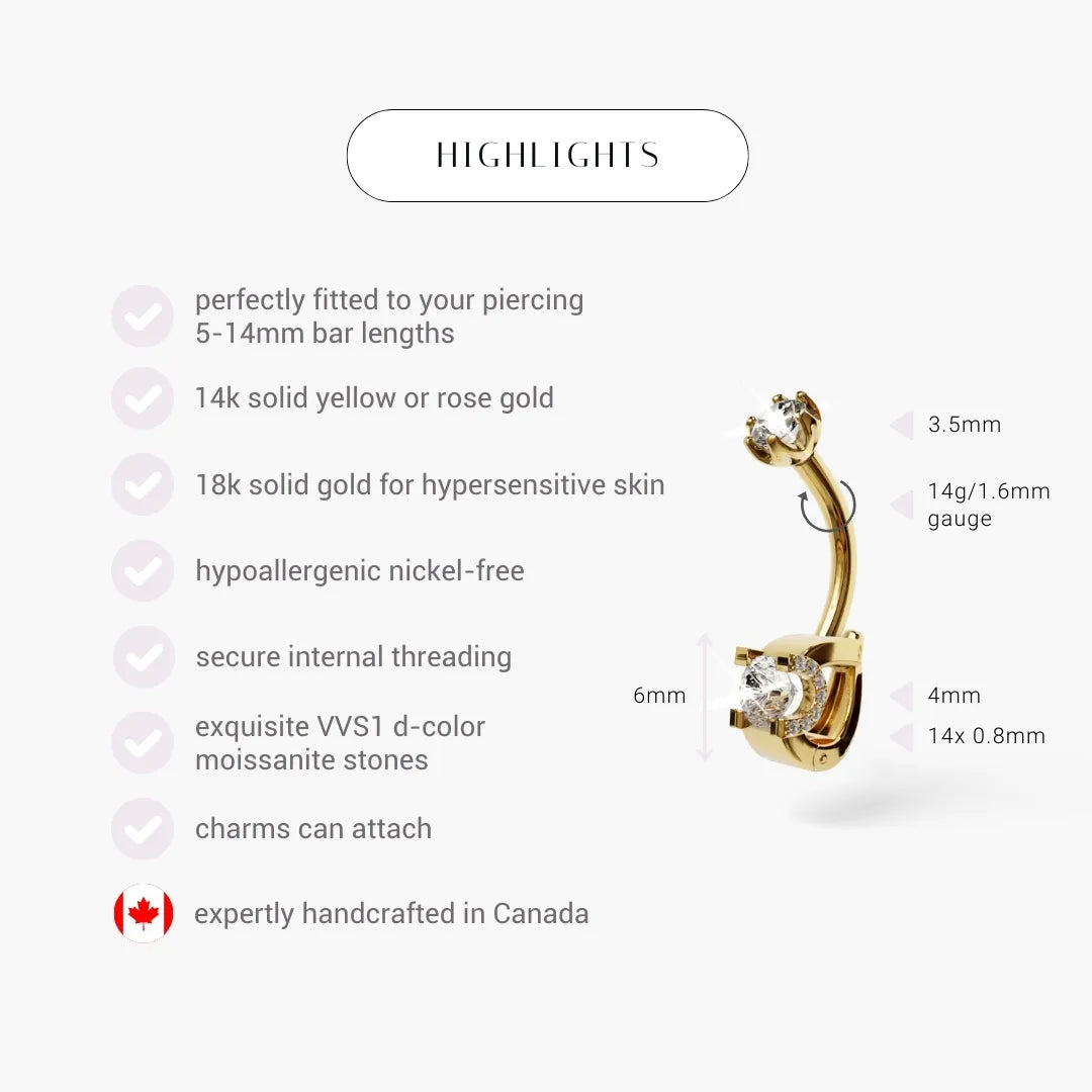 Yellow gold Swan Baby Dome spec card: 3.5mm top, a 4mm round and fourteen 0.8mm pavé stones, in 14g or 16g, 4 to 16mm bar lengths