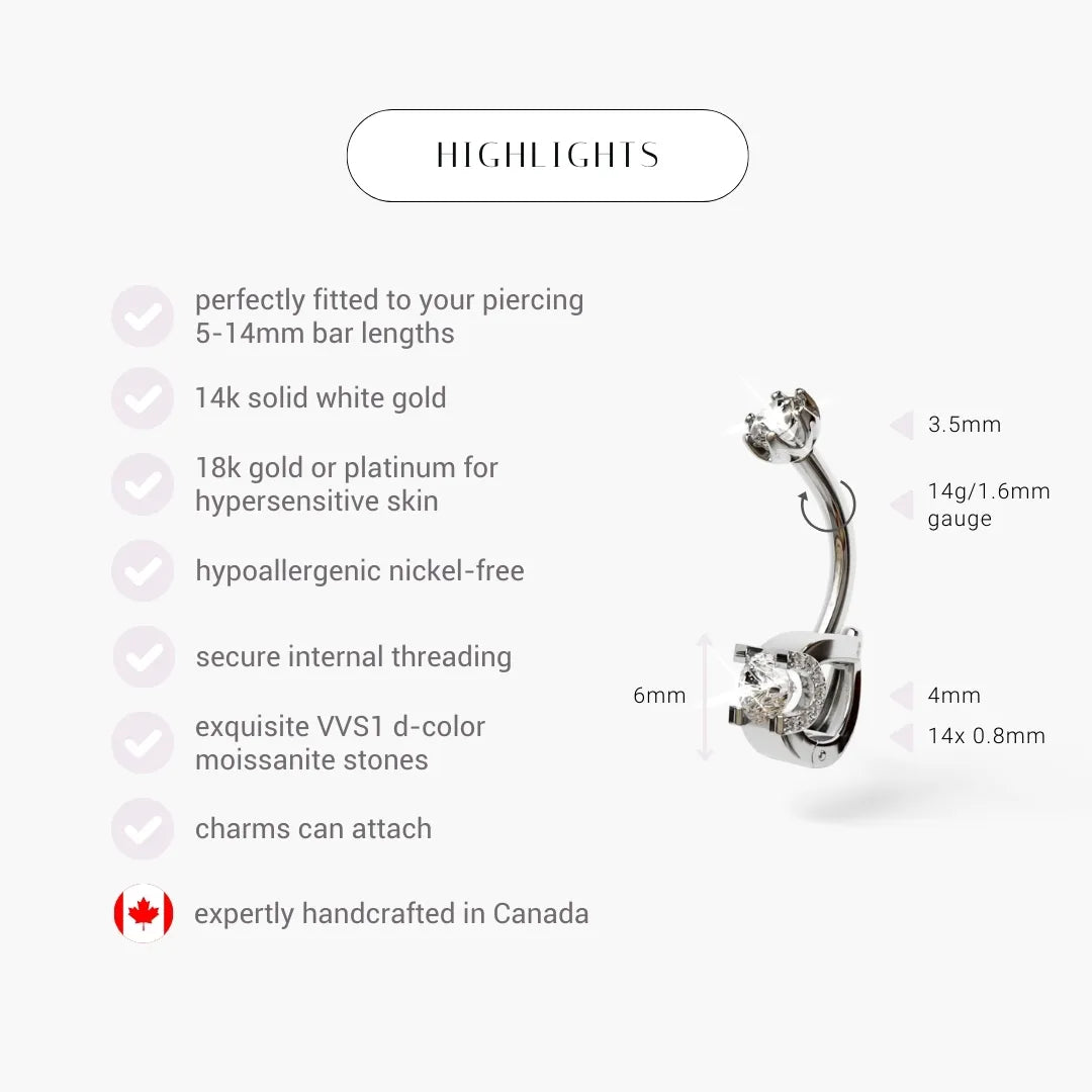 Swan Baby Dome highlights in white gold: 3.5mm top, a 4mm round and fourteen 0.8mm pavé stones, in 14g or 16g, 4 to 16mm bar lengths