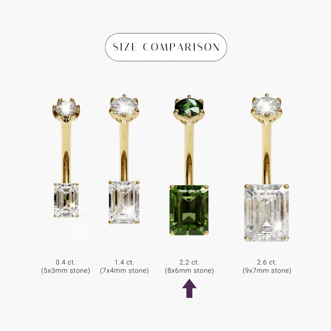 Emerald 8mm Green Tourmaline size comparison in 18k yellow gold: the 8x6mm stone marked among its sizes