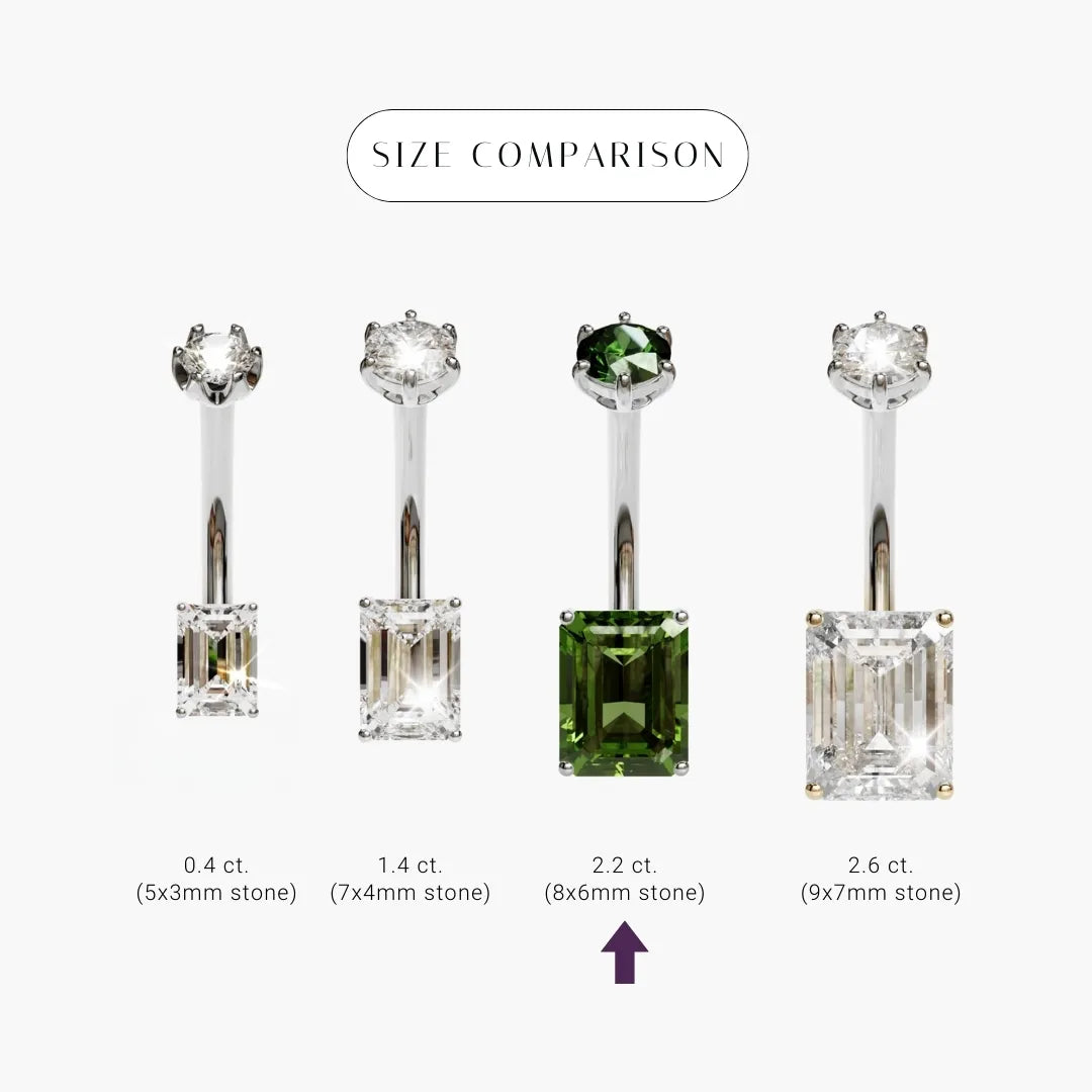 Size comparison for the Emerald 8mm Green Tourmaline in palladium white gold, the 8x6mm emerald cut marked