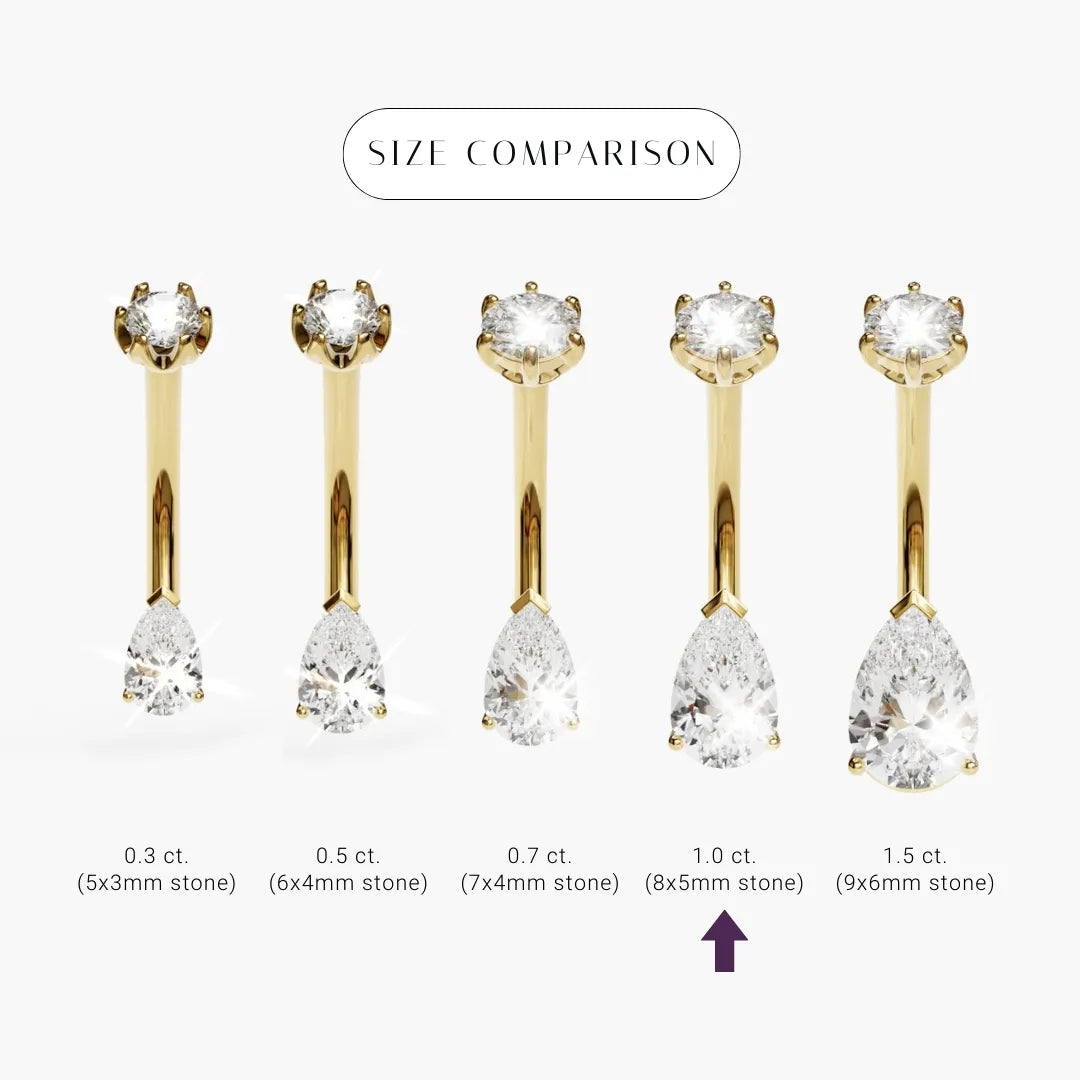 Teardrop 1.0 ct Moissanite size comparison in 18k yellow gold: the 8x5mm stone marked among its sizes