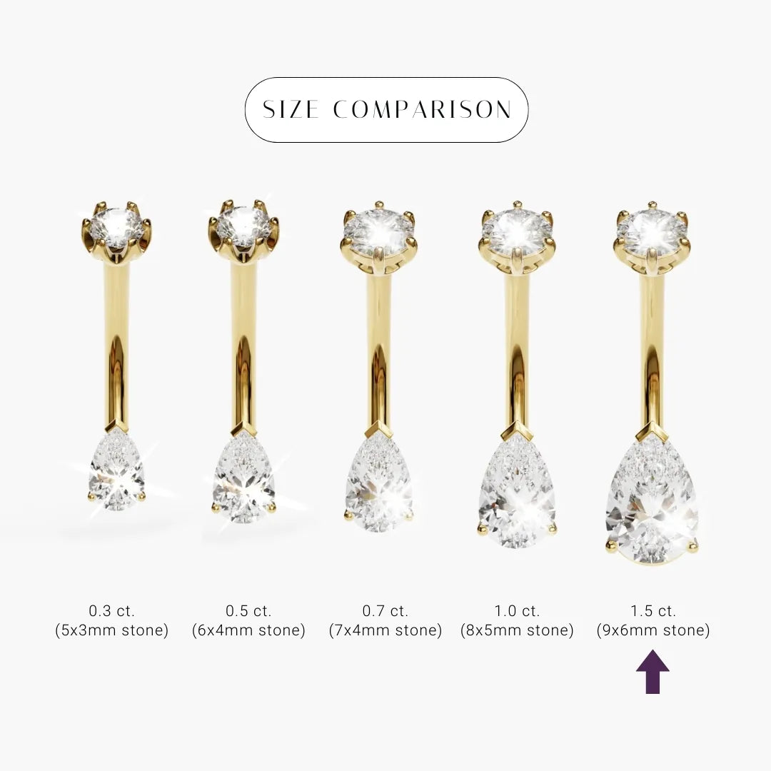 Teardrop 1.5 ct Moissanite size comparison in 18k yellow gold: the 9x6mm stone marked among its sizes