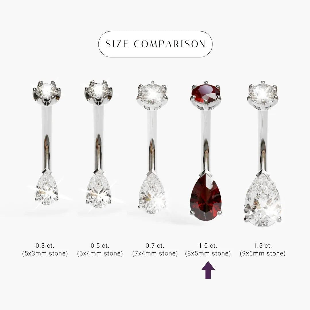 Size comparison for the Teardrop 8mm Garnet in palladium white gold, the 8x5mm pear marked