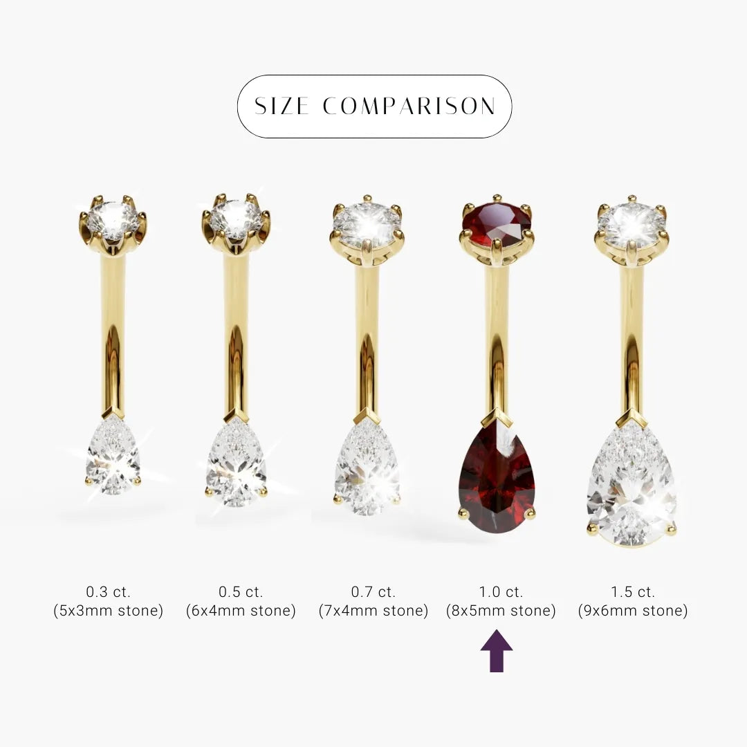 Teardrop 8mm Garnet size comparison in 18k yellow gold: the 8x5mm stone marked among its sizes
