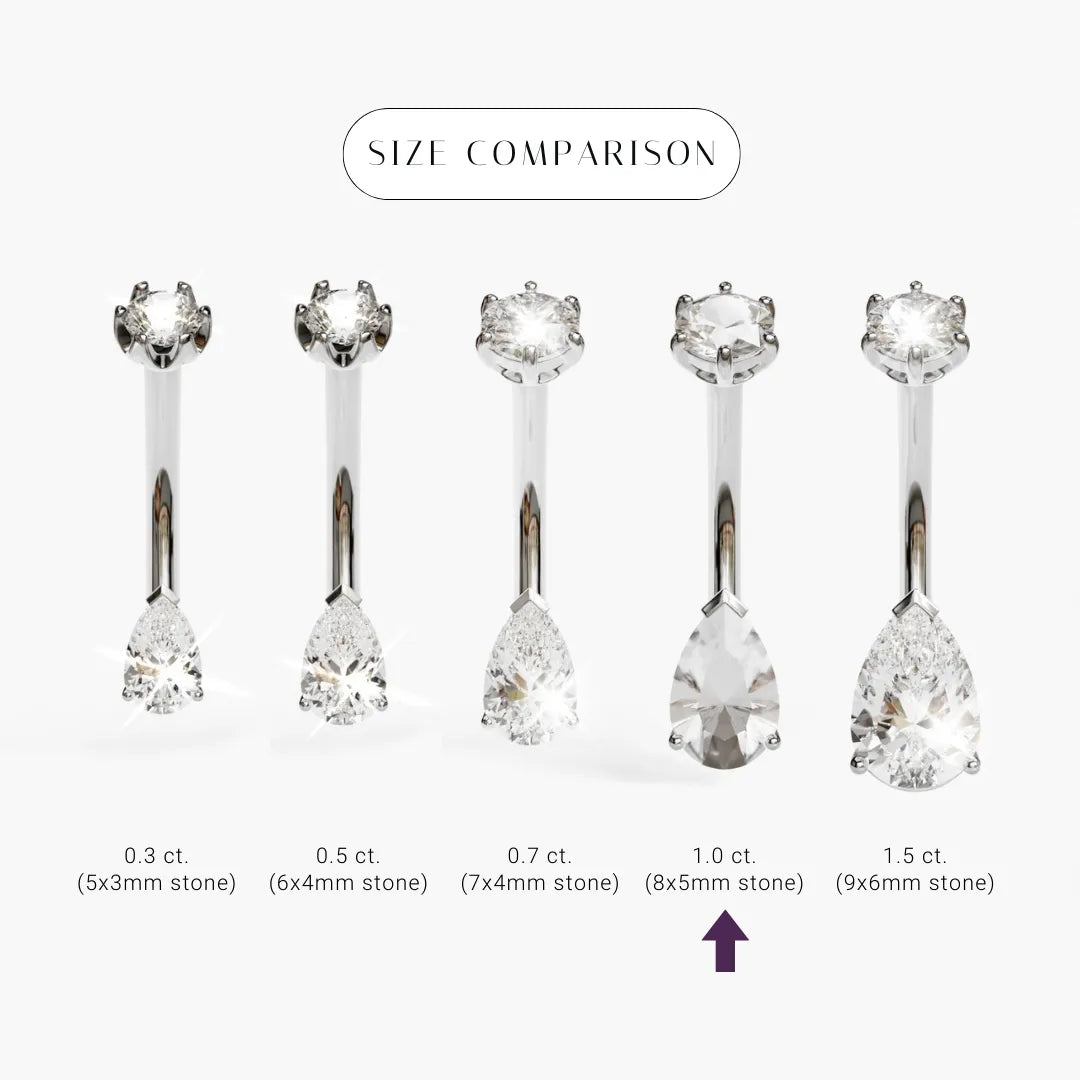 Size comparison for the Teardrop 8mm Topaz in palladium white gold, the 8x5mm pear marked