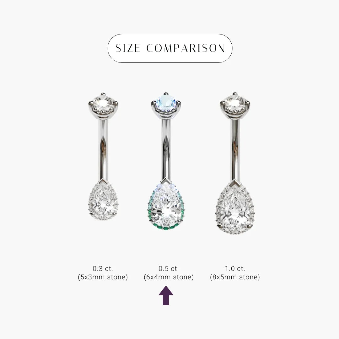 White gold teardrop comparison, the Siren Halo 0.5 ct marked in the middle