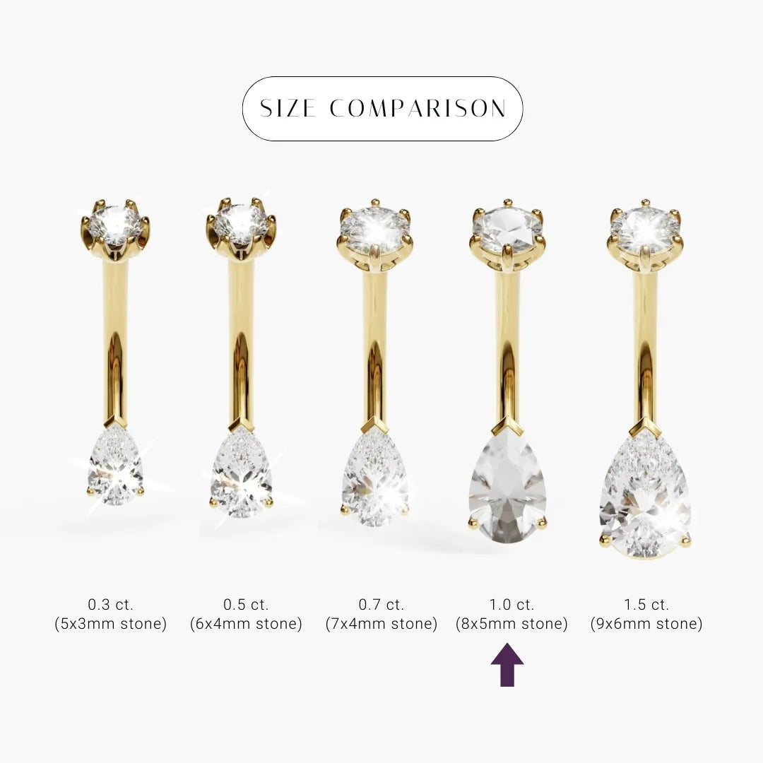 Teardrop 8mm Topaz size comparison in 18k yellow gold: the 8x5mm stone marked among its sizes