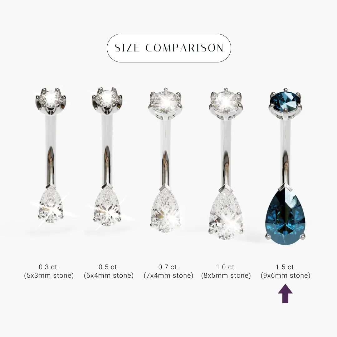 Size comparison for the Teardrop 9mm London-Blue Topaz in palladium white gold, the 9x6mm pear marked