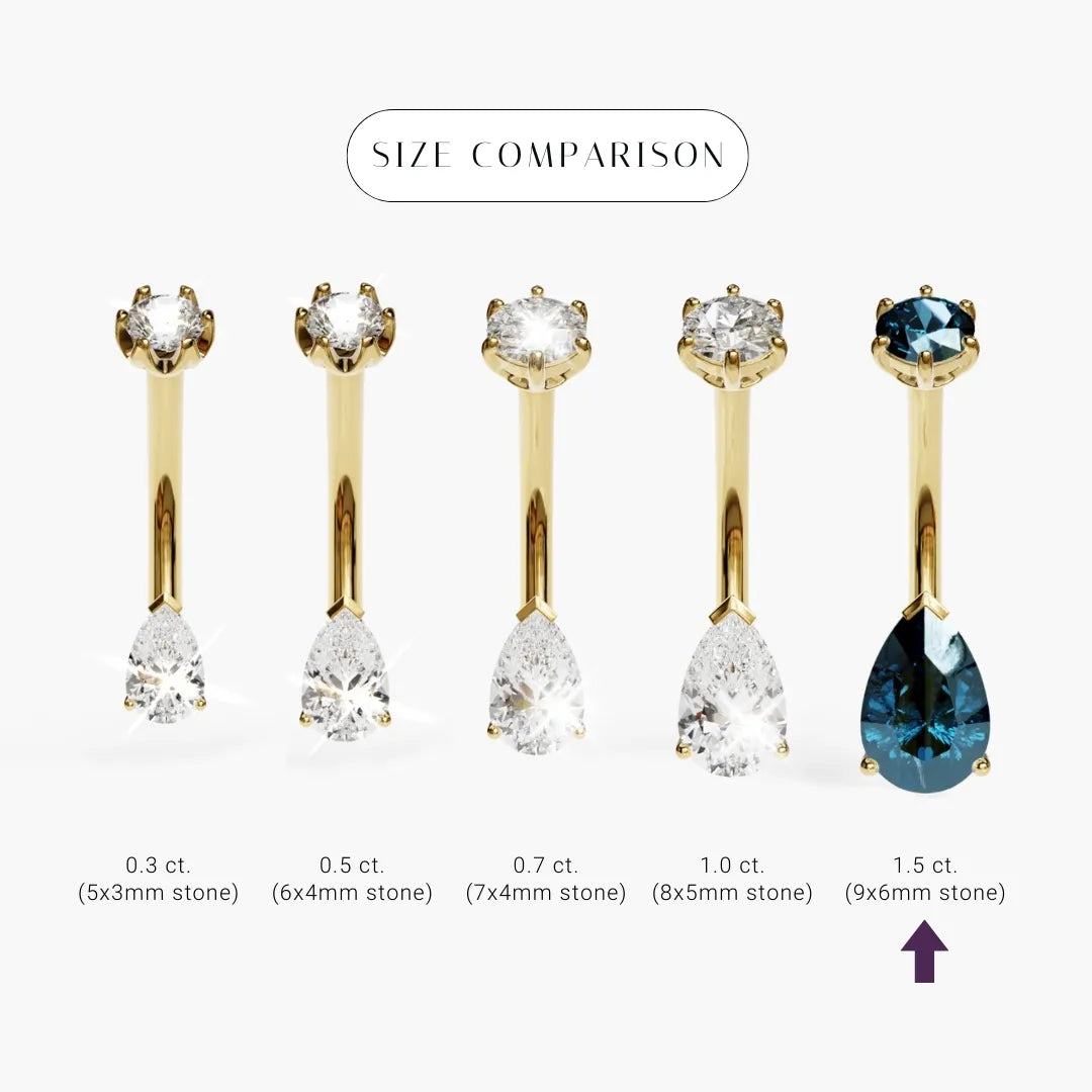 Teardrop 9mm London-Blue Topaz size comparison in 18k yellow gold: the 9x6mm stone marked among its sizes
