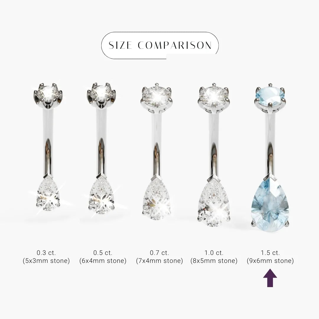 Size comparison for the Teardrop 9mm Sky-Blue Topaz in palladium white gold, the 9x6mm pear marked