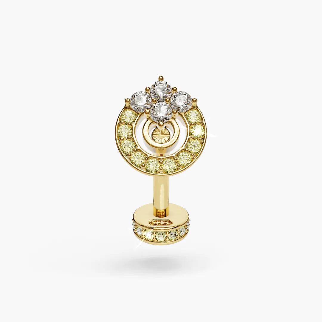 The Twilight Lemon Lab Sapphire navel ring in 14k yellow gold, shown with the fourteen-stone pavé disk
