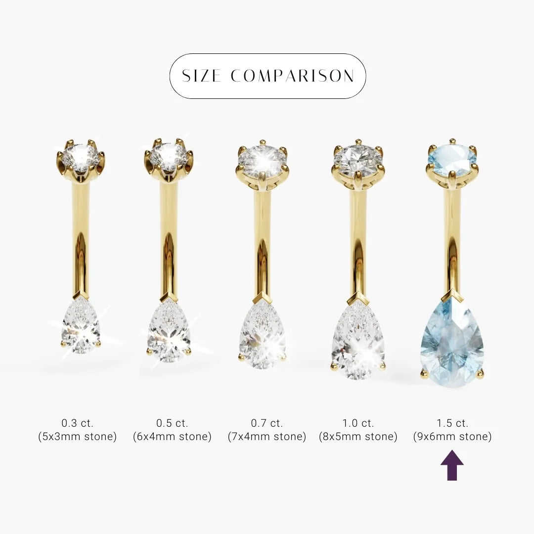 Teardrop 9mm Sky-Blue Topaz size comparison in 18k yellow gold: the 9x6mm stone marked among its sizes