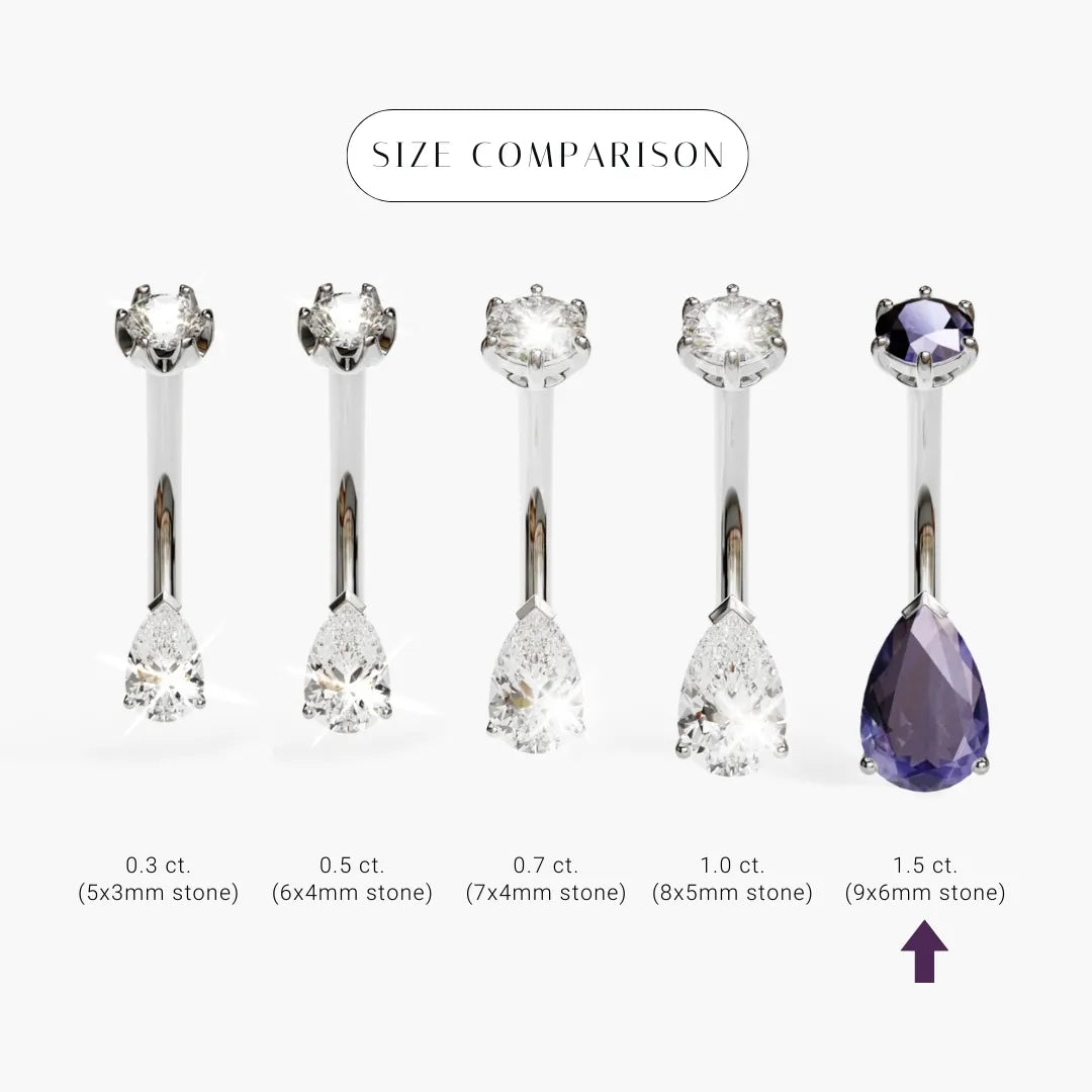 Size comparison for the Teardrop 9mm Tanzanite in palladium white gold, the 9x6mm pear marked