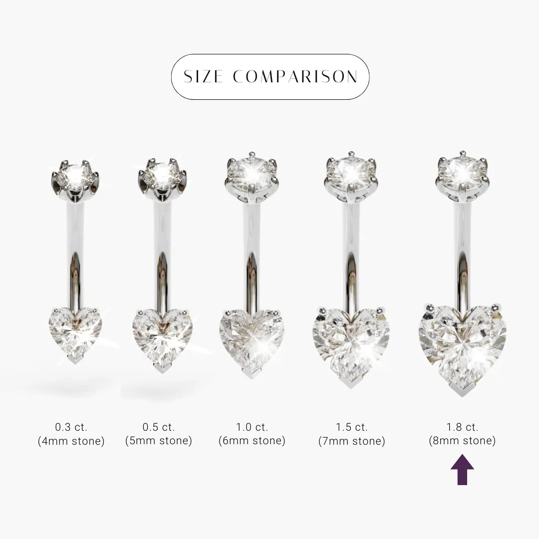 Size comparison for the Heart 1.8 ct Moissanite in palladium white gold, the 8x8mm heart marked