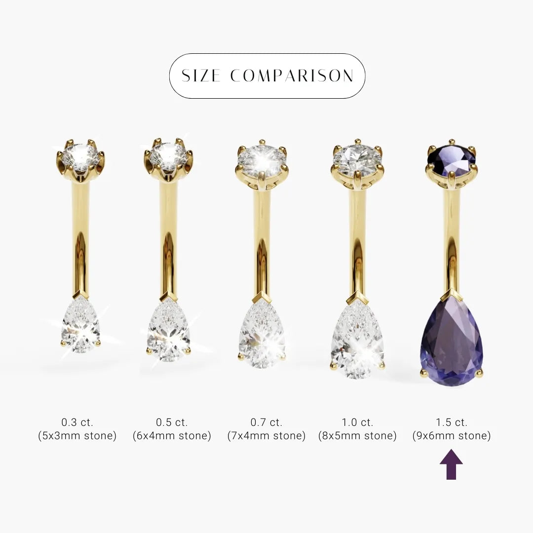 Teardrop 9mm Tanzanite size comparison in 18k yellow gold: the 9x6mm stone marked among its sizes