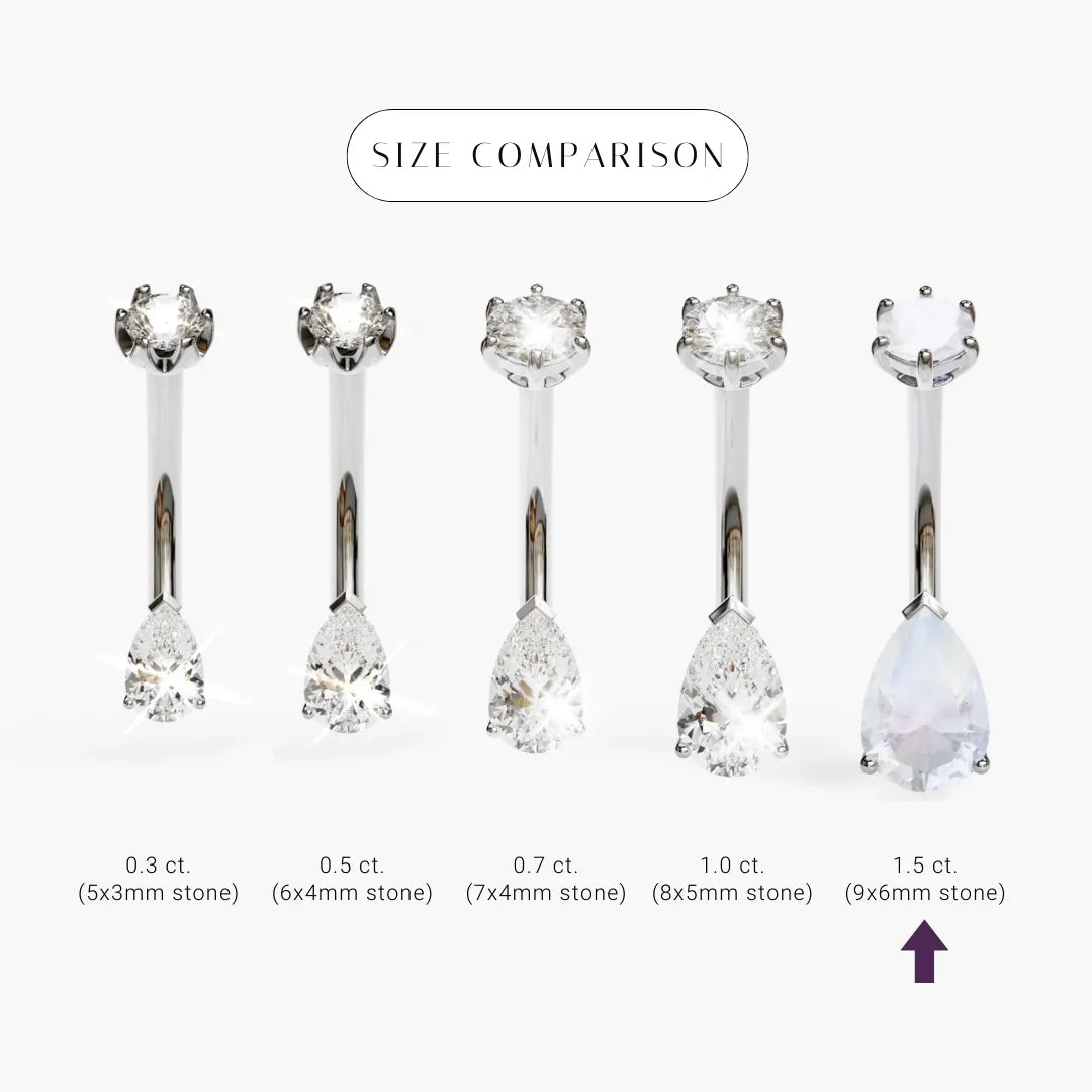 Size comparison for the Teardrop 9mm Moonstone in palladium white gold, the 9x6mm pear marked