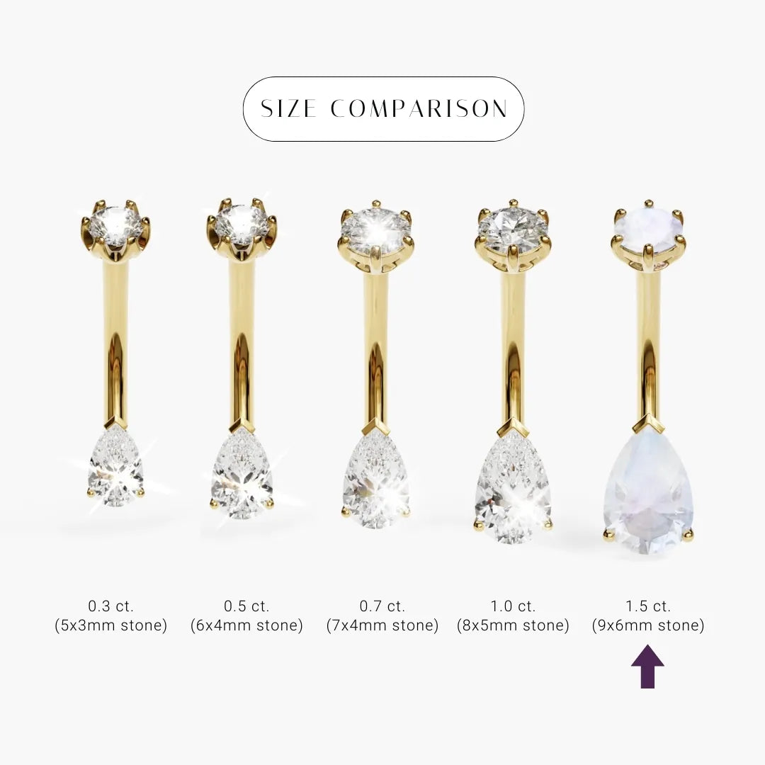 Teardrop 9mm Moonstone size comparison in 18k yellow gold: the 9x6mm stone marked among its sizes