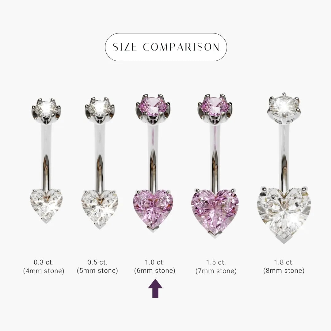 Size comparison for the Cosmopolitan 1.0 ct Lab Sapphire Heart in platinum, the 6x6mm heart marked