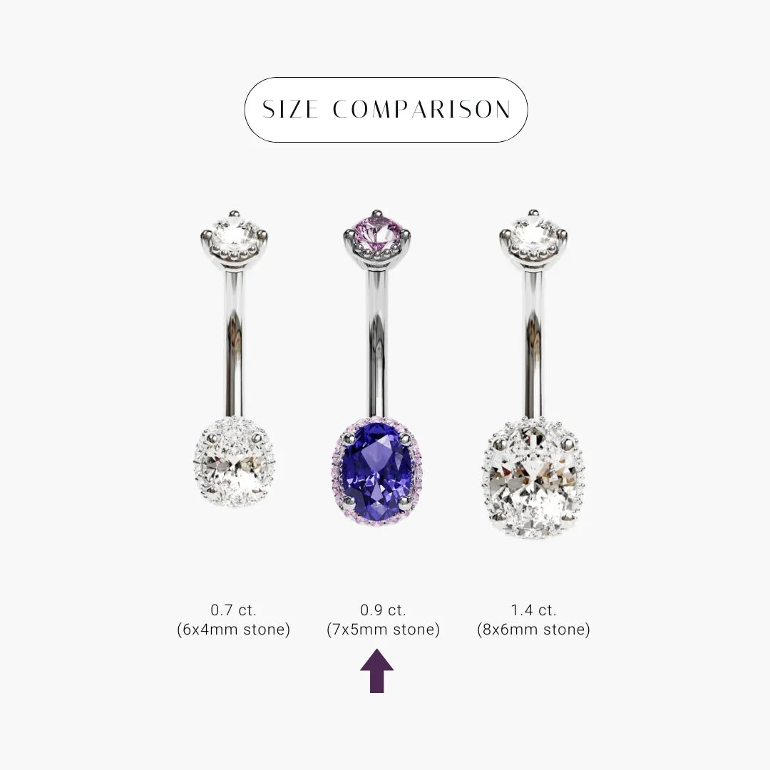 White gold size comparison, the Velvet tanzanite oval marked between two lab diamond ovals