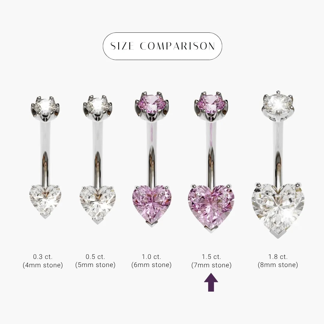 Size comparison for the Cosmopolitan 1.5 ct Lab Sapphire Heart in platinum, the 7x7mm heart marked