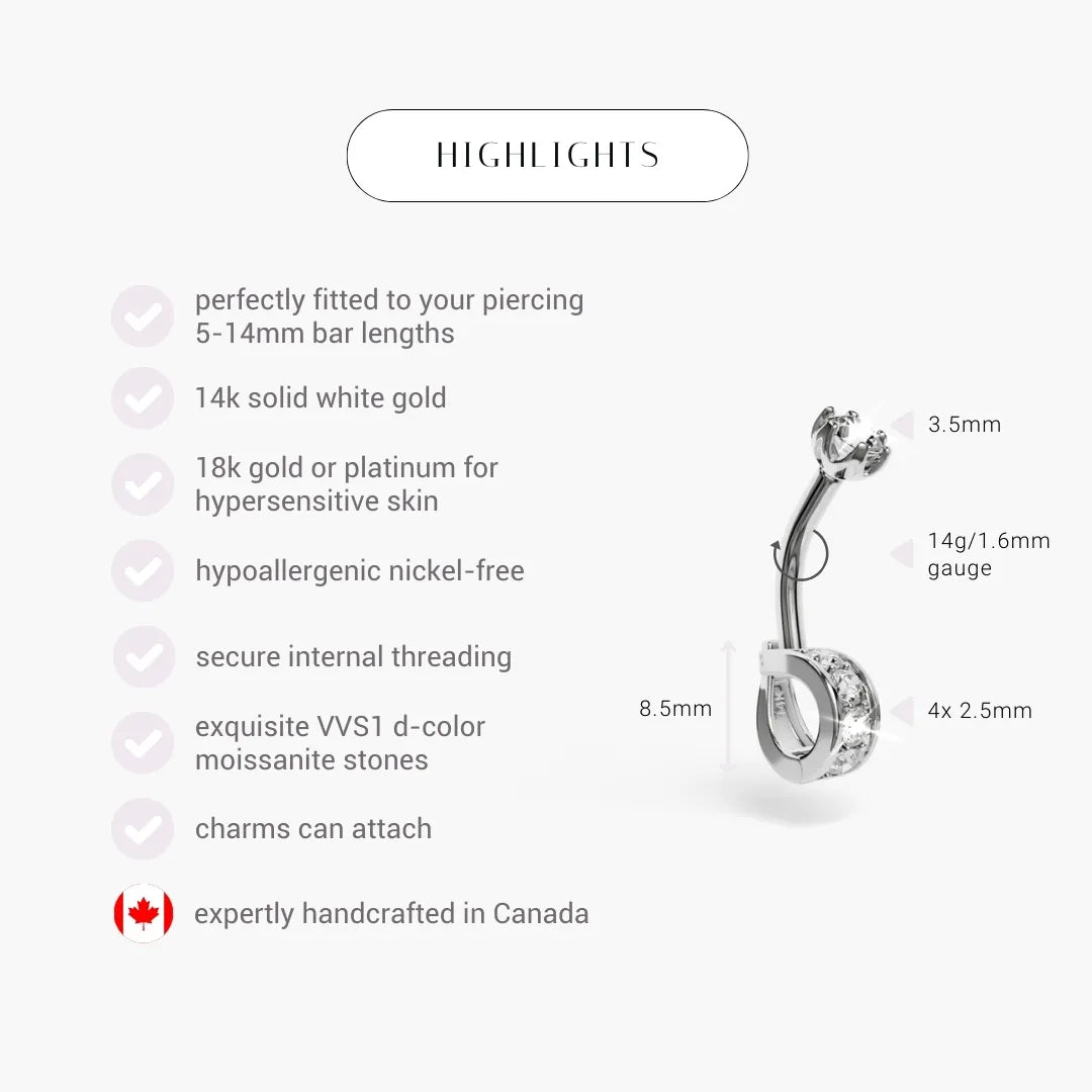 Moissanite Dome highlights in white gold: 4mm top, four 2.5mm moissanite on the dome, 14g, the original swivel-charm Dome, 4 to 16mm bar lengths