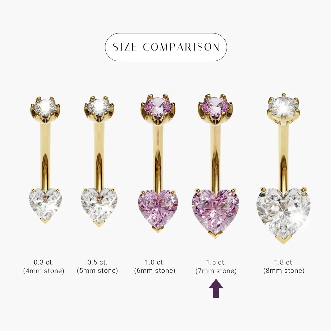 Cosmopolitan 1.5 ct Lab Sapphire Heart size comparison in 18k yellow gold: the 7x7mm stone marked among its sizes
