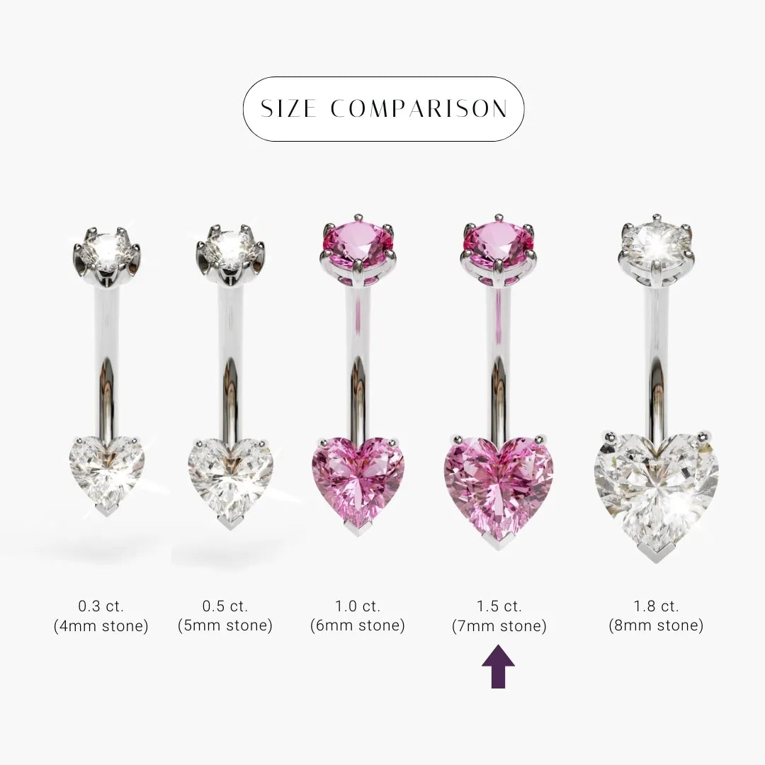 Size comparison for the Pink Lady 1.5 ct Lab Sapphire Heart in platinum, the 7x7mm heart marked