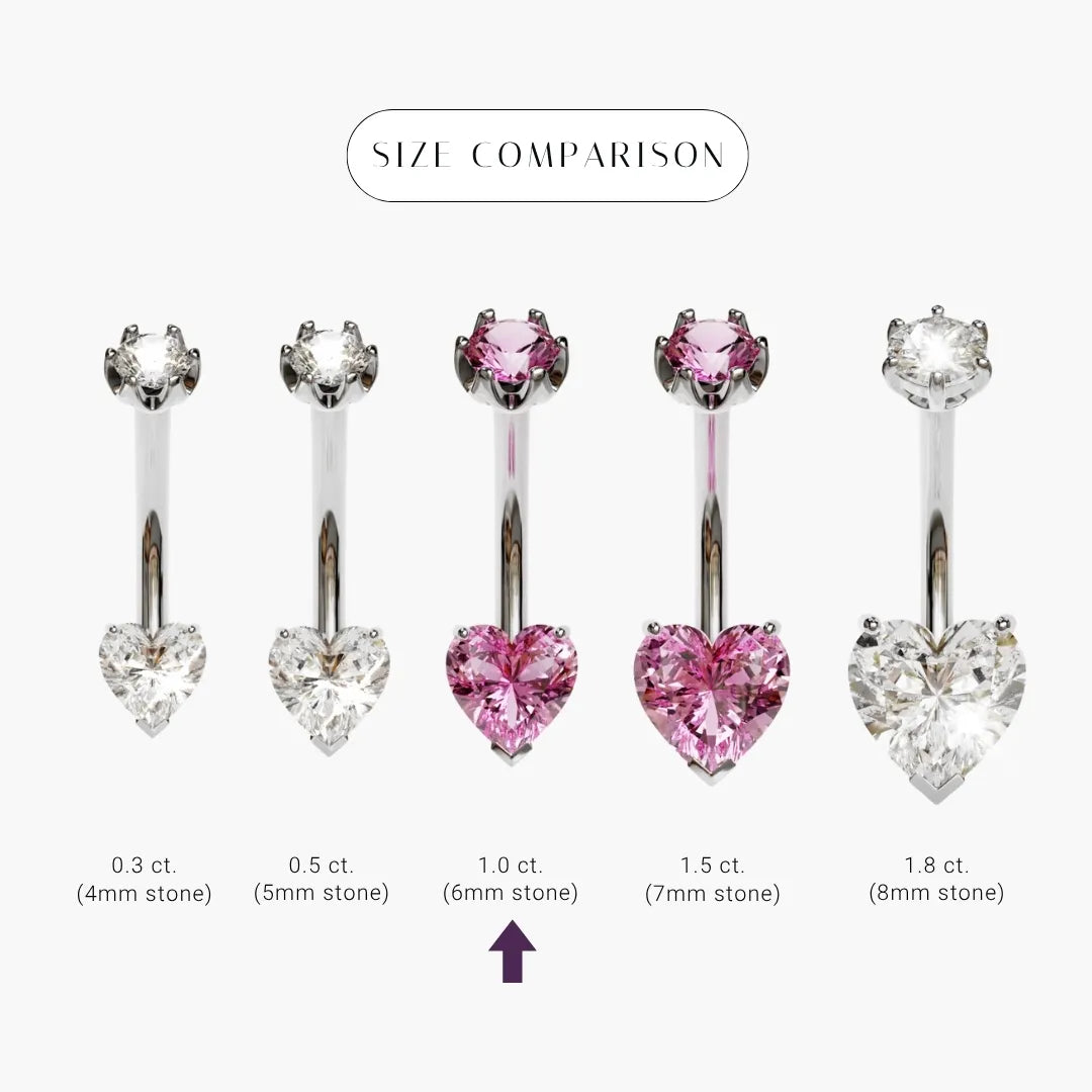 Size comparison for the Pink Lady 1.0 ct Lab Sapphire Heart in platinum, the 6x6mm heart marked