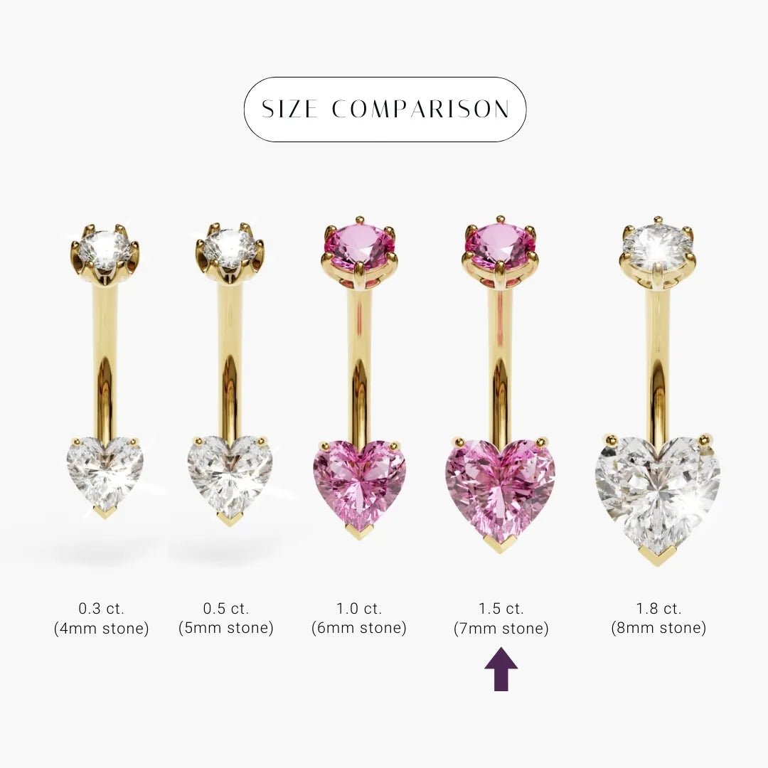 Pink Lady 1.5 ct Lab Sapphire Heart size comparison in 18k yellow gold: the 7x7mm stone marked among its sizes