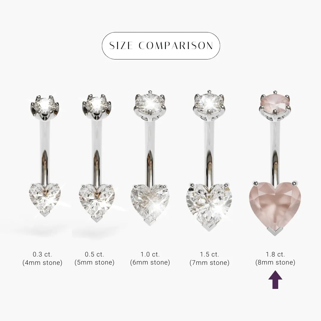 Size comparison for the Heart Rose Quartz in palladium white gold, the 8x8mm heart marked