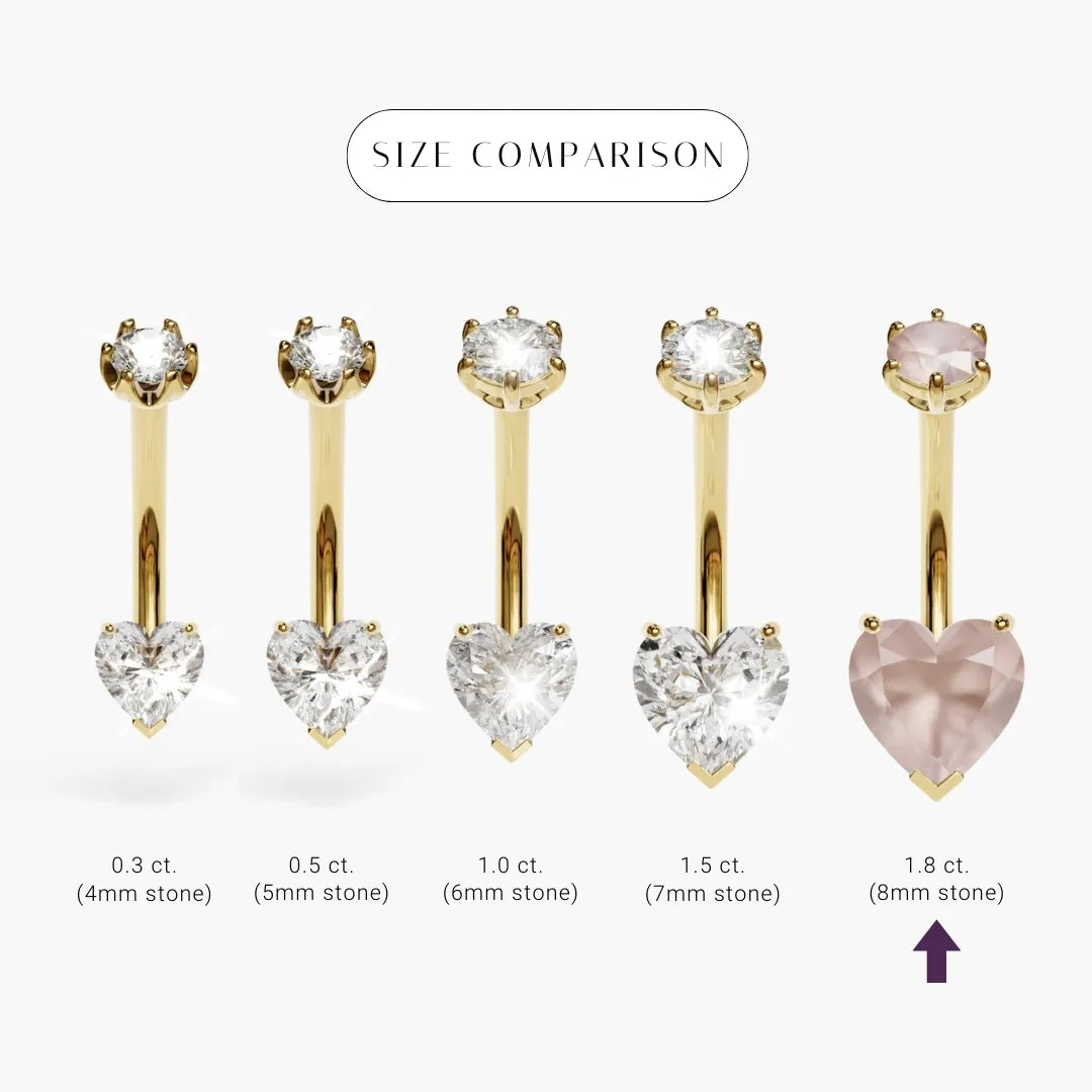 Heart Rose Quartz size comparison in 18k yellow gold: the 8x8mm stone marked among its sizes