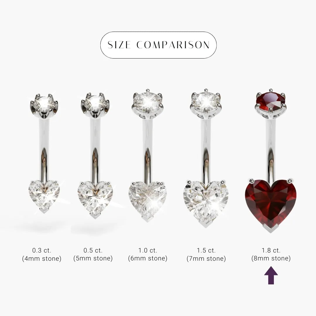 Size comparison for the Heart Garnet in palladium white gold, the 8x8mm heart marked