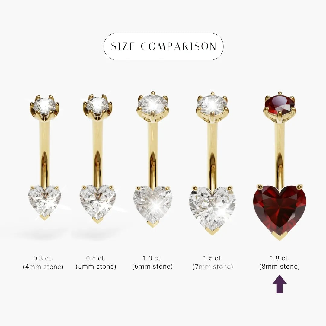 Heart Garnet size comparison in 18k yellow gold: the 8x8mm stone marked among its sizes